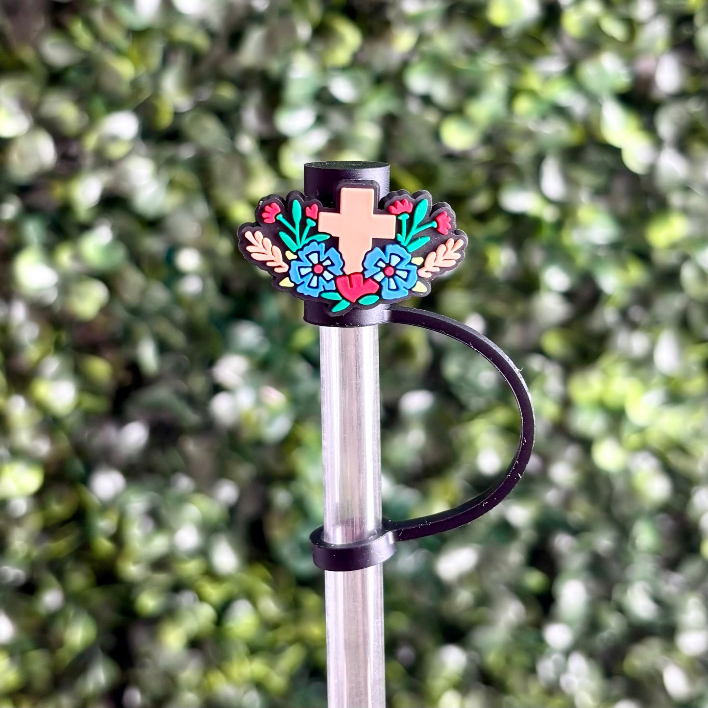Cross with Flowers Straw Topper