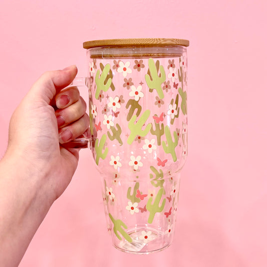 Cactus & Flowers 32oz Glass Tumbler