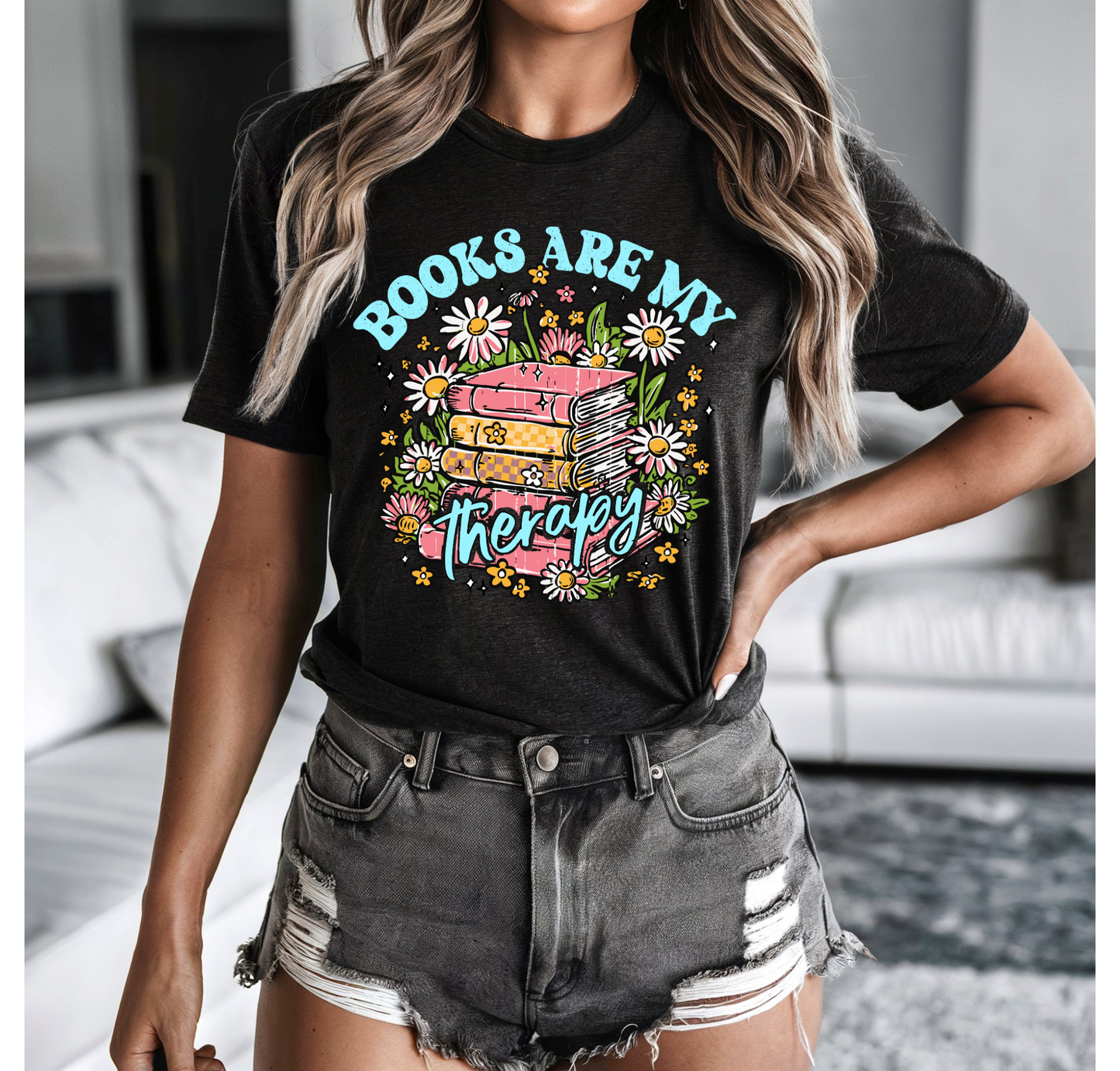 Books Are My Therapy Blue Font Bella+Canvas T-Shirt