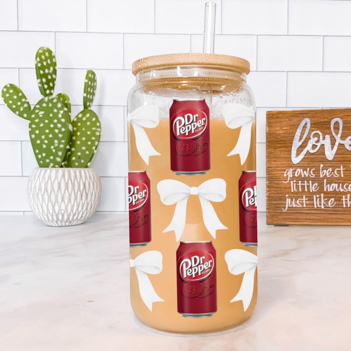 Dr. Pepper & White Bows Cup