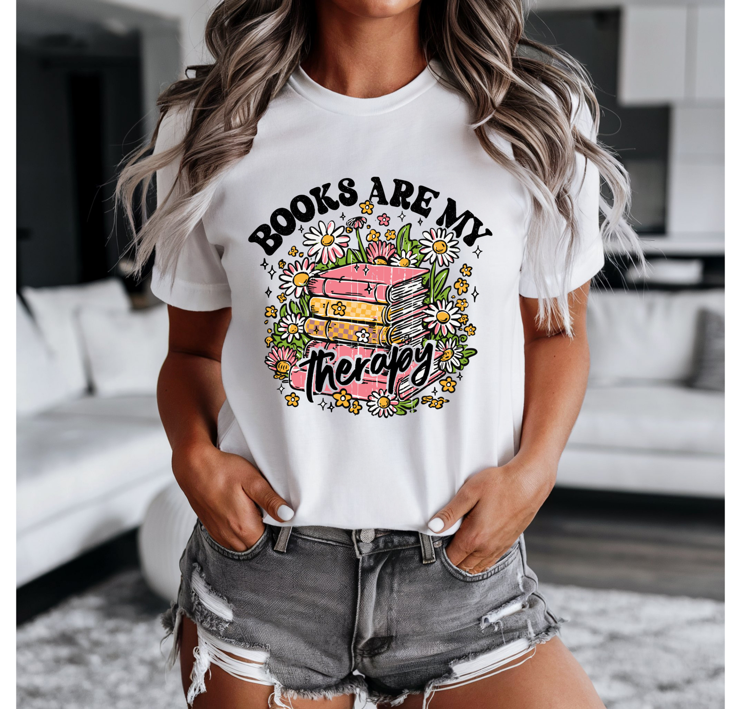 Books Are My Therapy Black Font Bella+Canvas T-Shirt