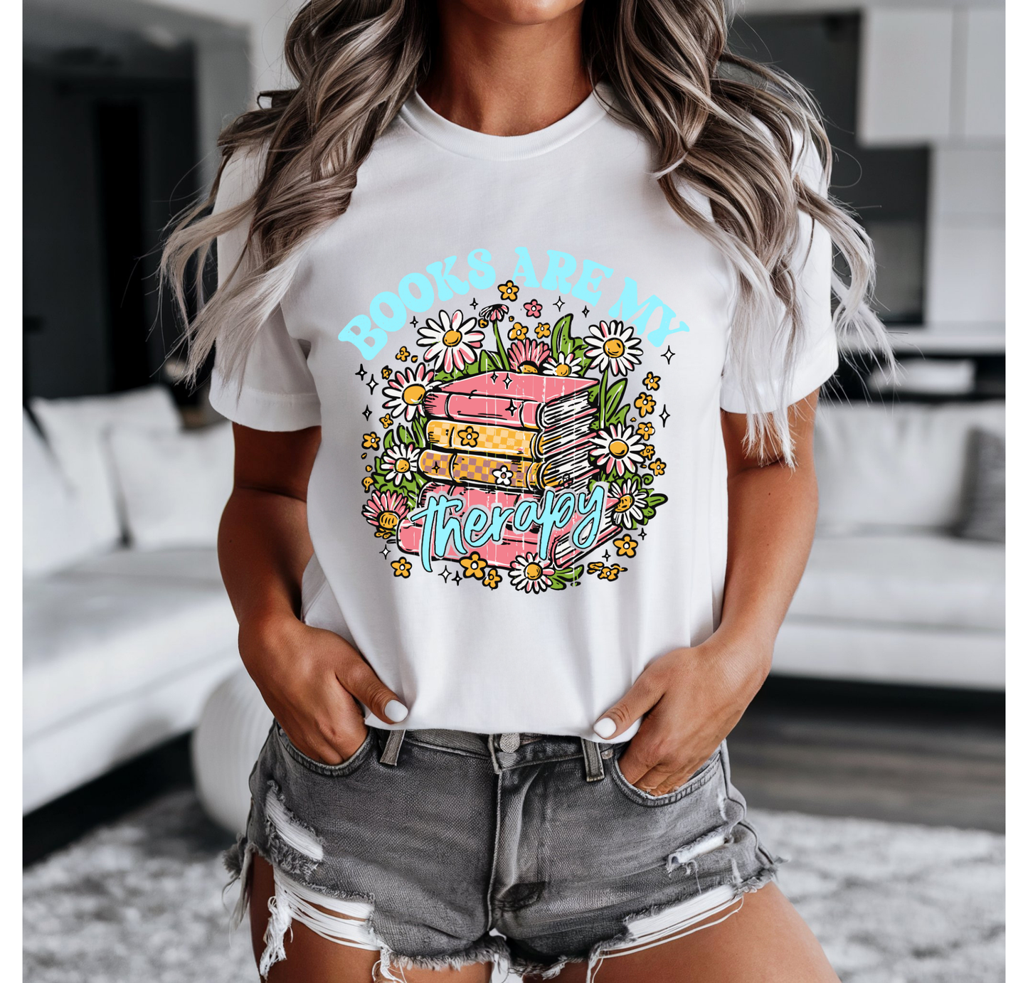 Books Are My Therapy Blue Font Bella+Canvas T-Shirt