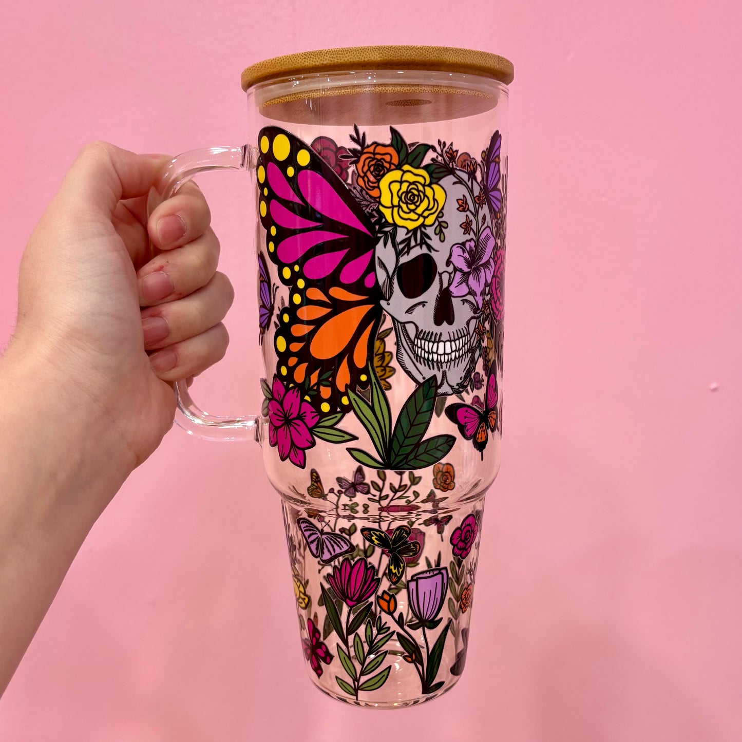 Skull Butterfly with Flowers 40oz Glass Tumbler