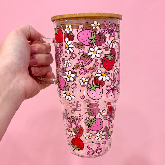 Strawberries & Daisies 32oz Glass Tumbler